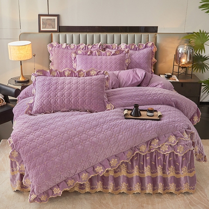 91家纺网 家纺一手货源 找家纺 锦格 2024新款浪漫宝宝绒夹棉可拆洗床裙四件套 盛世芳华 香芋紫
