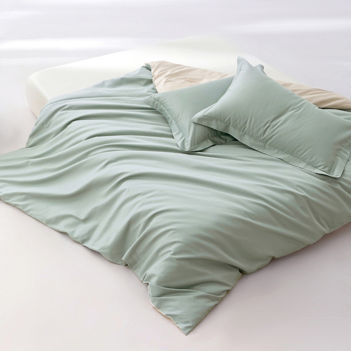 91家纺网 家纺一手货源 找家纺 轩和家居 2024新款A类50S贡缎长绒棉单被套系列 薄荷绿+奶芋黄