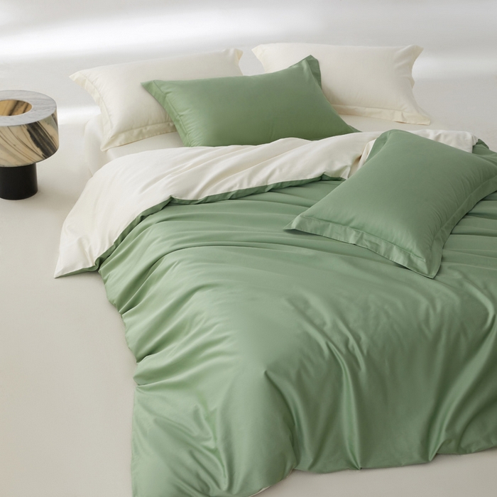 91家纺网 家纺一手货源 找家纺 轩和家居 2024新款A类50S贡缎长绒棉单被套系列 抹茶绿+浅香槟