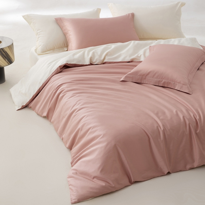 91家纺网 家纺一手货源 找家纺 轩和家居 2024新款A类50S贡缎长绒棉四件套系列 复古粉+奶芋黄