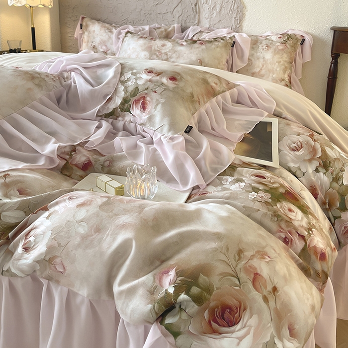 91家纺网 家纺一手货源 找家纺 A类全工艺全棉磨毛四件套纯棉雪纺纱拼接浪漫法式风加厚保暖床单被套秋冬床上用品 奈雪粉