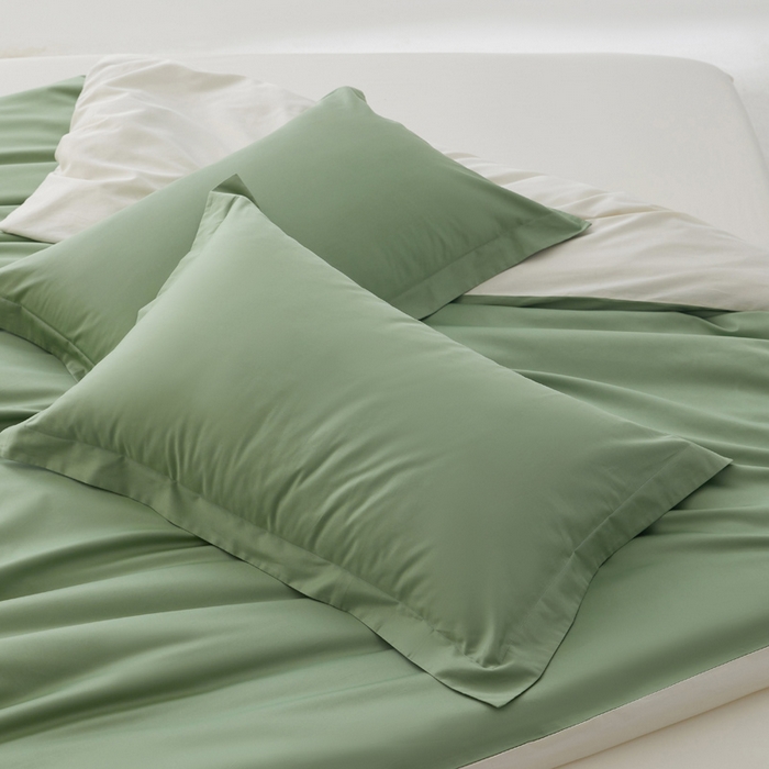 91家纺网 家纺一手货源 找家纺 轩和家居 2024新款A类50S贡缎长绒棉四件套系列 抹茶绿+奶芋黄