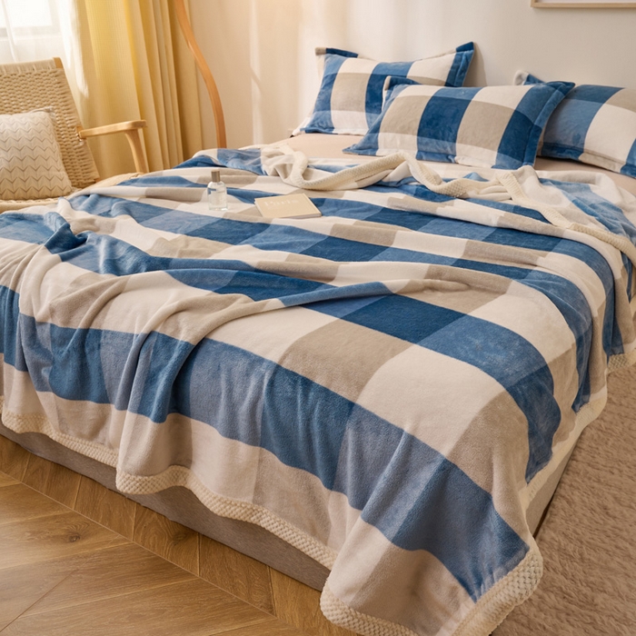 91家纺网 家纺一手货源 找家纺 吾诺家居 2024新款无印风牛奶绒毯多功能毛毯 咖蓝大格