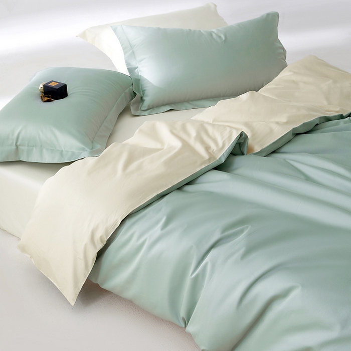 91家纺网 家纺一手货源 找家纺 轩和家居 2024新款A类50S贡缎长绒棉四件套系列 薄荷绿+浅香槟