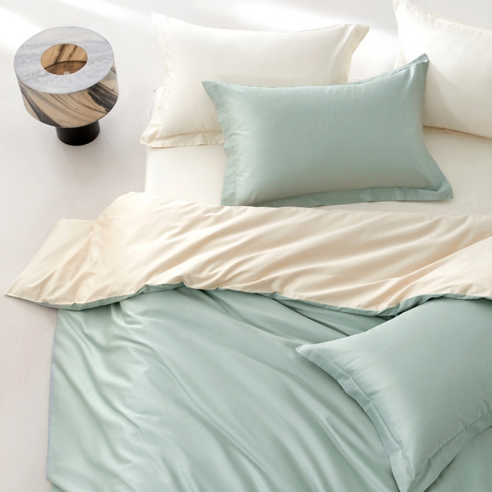 91家纺网 家纺一手货源 找家纺 轩和家居 2024新款A类50S贡缎长绒棉单被套系列 薄荷绿+奶芋黄