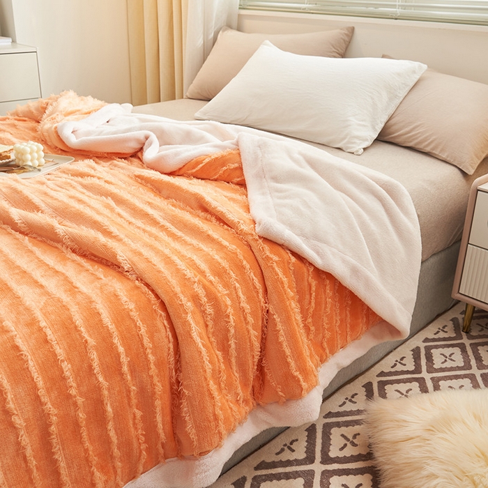 91家纺网 家纺一手货源 找家纺 吾诺家居 2024新款流苏绒多功能毯盖毯毯子 桔色流苏毯