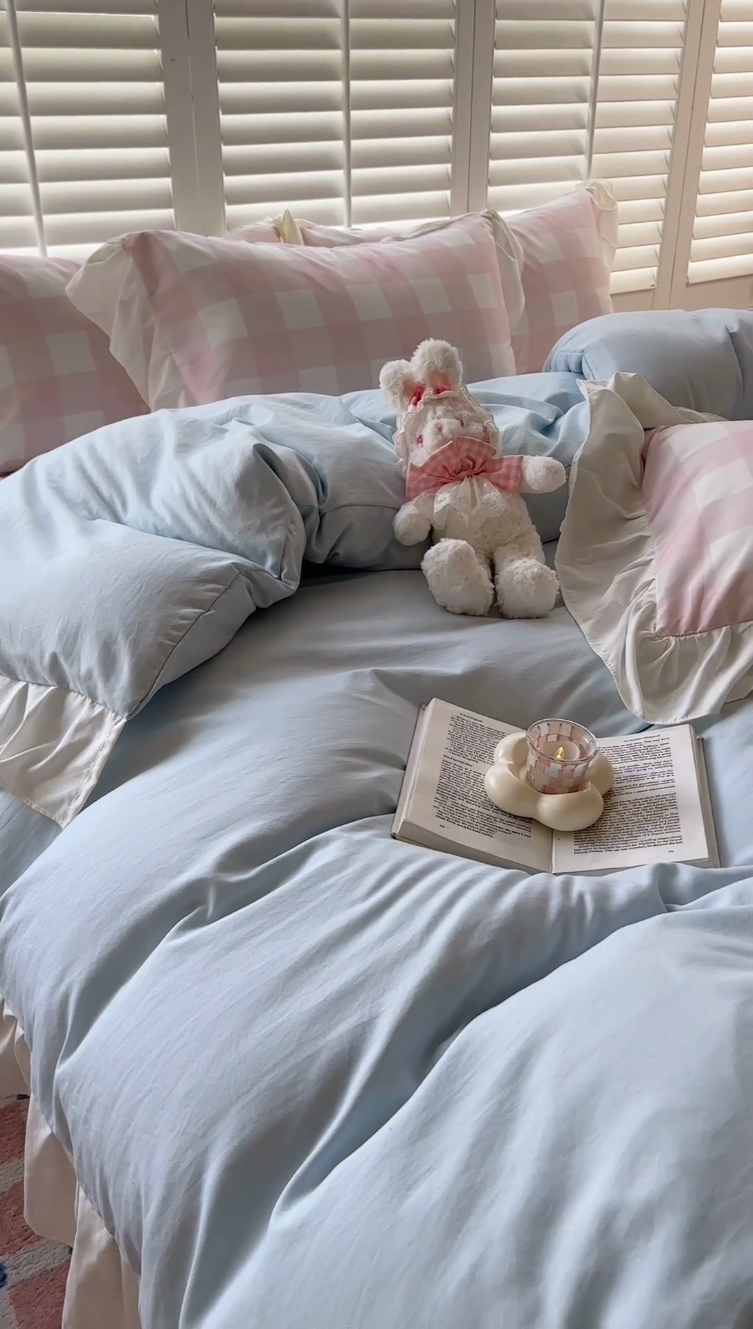 91家纺网 家纺一手货源 找家纺 桃心家居 2024新款A类亲肤舒适软糯云柔水洗棉化纤韩版奶油格子撞色水洗棉系列四件套 水洗棉花边-H蓝蓝粉大格