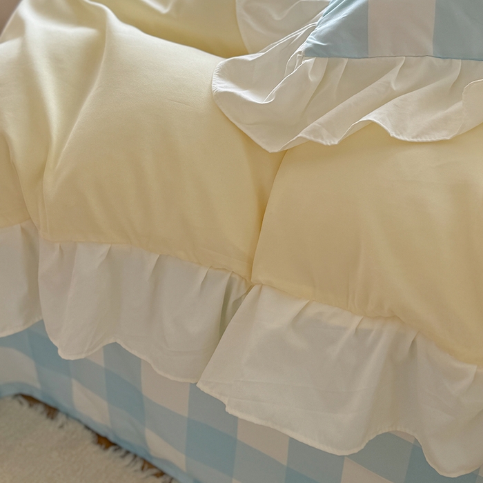 91家纺网 家纺一手货源 找家纺 桃心家居 2024新款A类亲肤舒适软糯云柔水洗棉化纤韩版奶油格子撞色水洗棉系列四件套 水洗棉花边-H黄黄蓝格