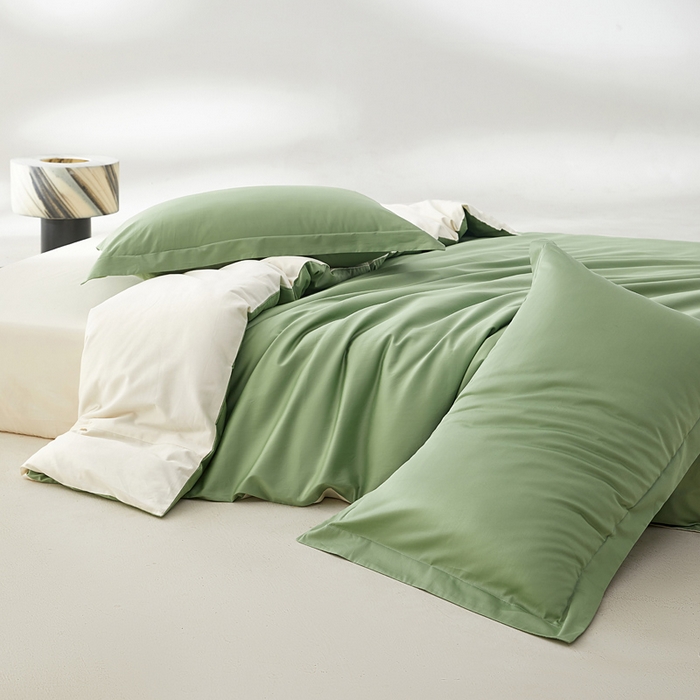 91家纺网 家纺一手货源 找家纺 轩和家居 2024新款A类50S贡缎长绒棉单被套系列 抹茶绿+浅香槟