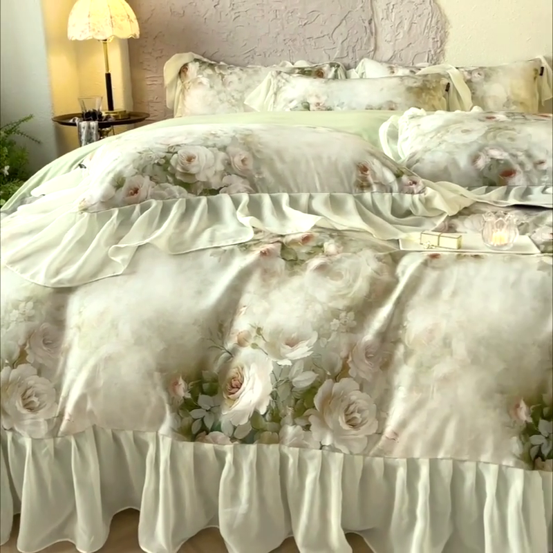 91家纺网 家纺一手货源 找家纺 A类全工艺全棉磨毛四件套纯棉雪纺纱拼接浪漫法式风加厚保暖床单被套秋冬床上用品 星玥绿