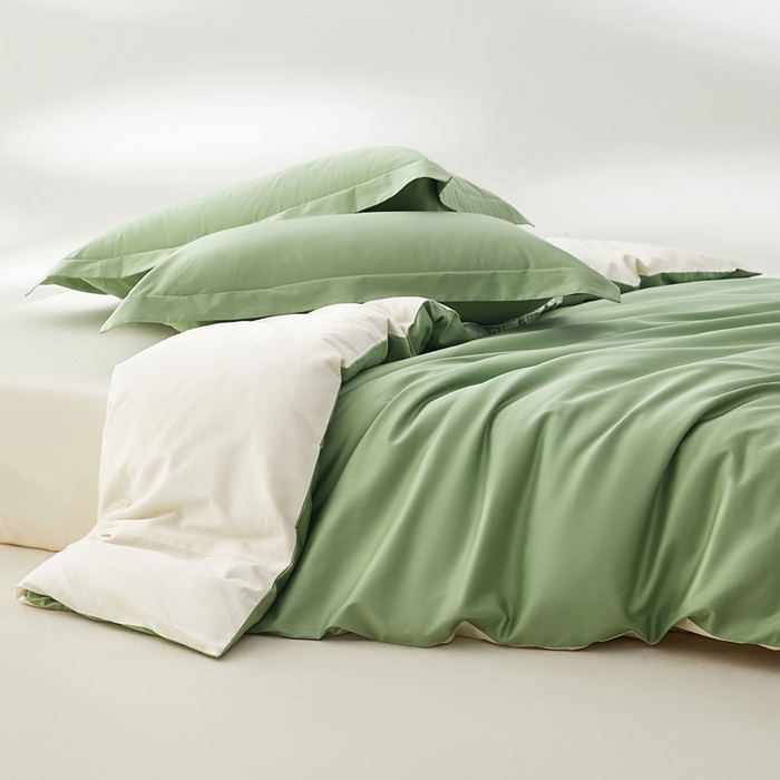 91家纺网 家纺一手货源 找家纺 轩和家居 2024新款A类50S贡缎长绒棉单被套系列 抹茶绿+浅香槟