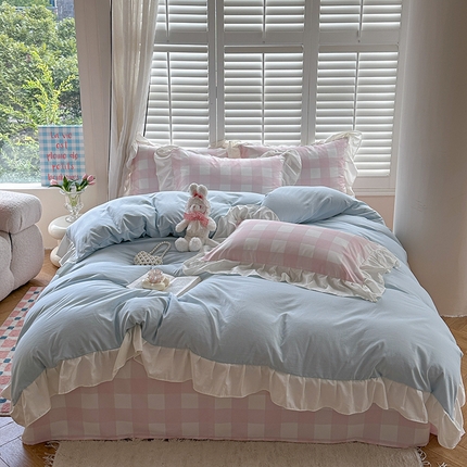 桃心家居 2024新款A类亲肤舒适软糯云柔水洗棉化纤韩版奶油格子撞色水洗棉系列四件套 水洗棉花边-H蓝蓝粉大格