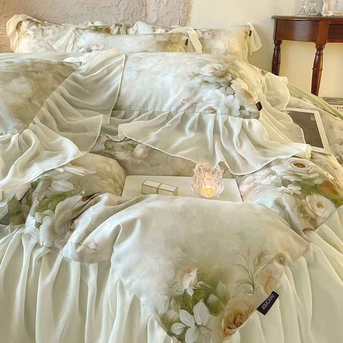 91家纺网 家纺一手货源 找家纺 A类全工艺全棉磨毛四件套纯棉雪纺纱拼接浪漫法式风加厚保暖床单被套秋冬床上用品 星玥绿