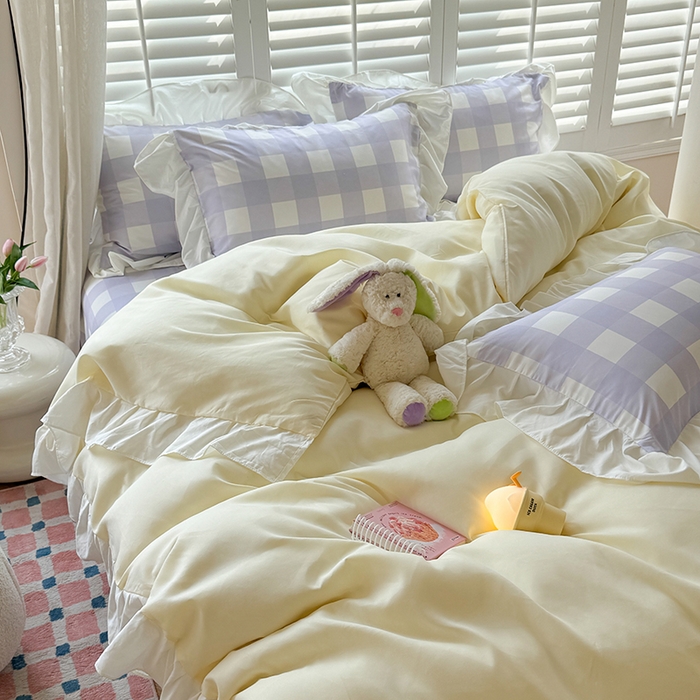 91家纺网 家纺一手货源 找家纺 桃心家居 2024新款A类亲肤舒适软糯云柔水洗棉化纤韩版奶油格子撞色水洗棉系列四件套 水洗棉花边-H黄黄紫格