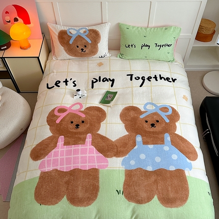 桃喜 2024新款大版数码印花牛奶绒四件套 牵手小熊-绒