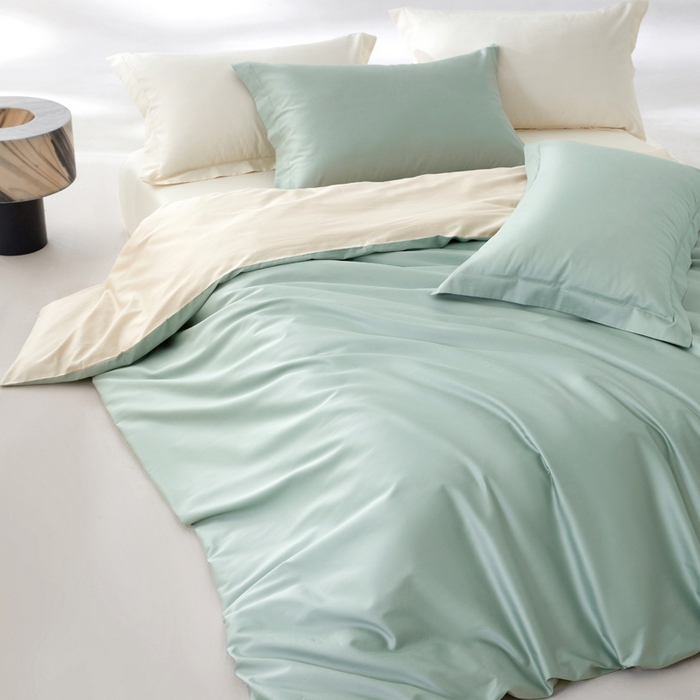 91家纺网 家纺一手货源 找家纺 轩和家居 2024新款A类50S贡缎长绒棉单被套系列 薄荷绿+奶芋黄