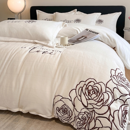 你好美丽 2025新款牛奶绒A类200克四件套刺绣香韵-花之语 香韵白