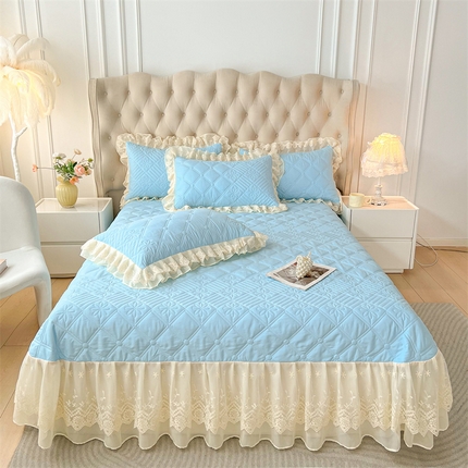 91家纺网 家纺一手货源 找家纺 锦格 2024新款A类水洗棉夹棉床盖三件套 花黛-天空蓝