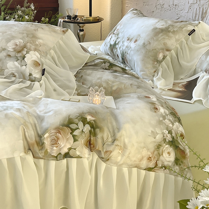 91家纺网 家纺一手货源 找家纺 A类全工艺全棉磨毛四件套纯棉雪纺纱拼接浪漫法式风加厚保暖床单被套秋冬床上用品 星玥绿