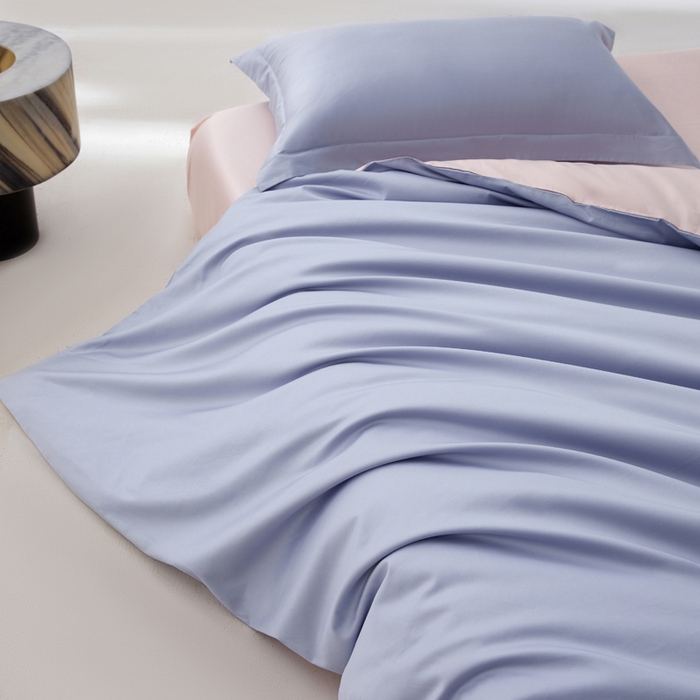 91家纺网 家纺一手货源 找家纺 轩和家居 2024新款A类50S贡缎长绒棉四件套系列 碧落蓝+夏恋粉