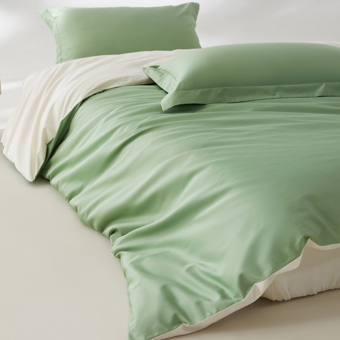 91家纺网 家纺一手货源 找家纺 轩和家居 2024新款A类50S贡缎长绒棉四件套系列 抹茶绿+奶芋黄