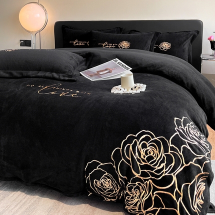 你好美丽 2025新款牛奶绒A类200克四件套刺绣香韵-花之语 香韵黑