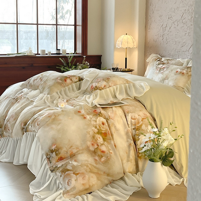 91家纺网 家纺一手货源 找家纺 A类全工艺全棉磨毛四件套纯棉雪纺纱拼接浪漫法式风加厚保暖床单被套秋冬床上用品 竹叶杏