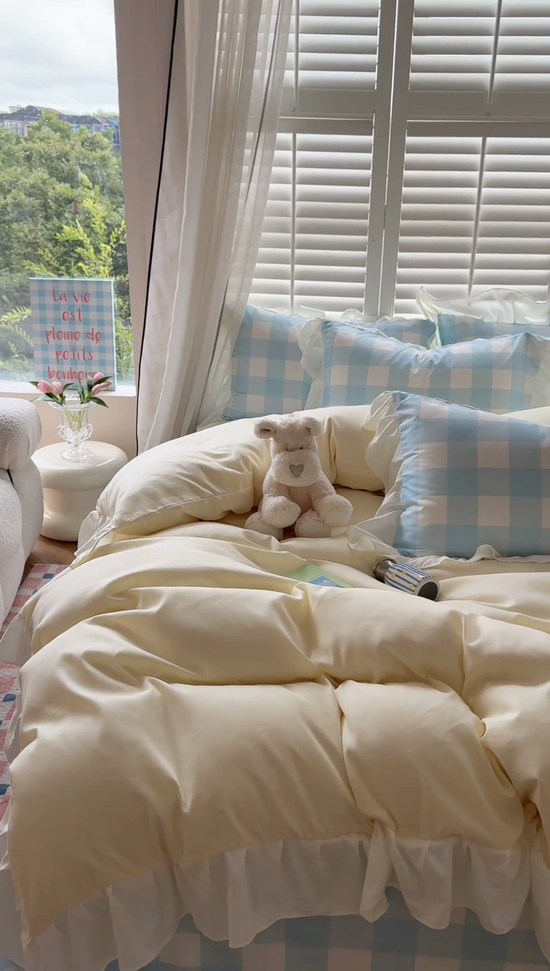 91家纺网 家纺一手货源 找家纺 桃心家居 2024新款A类亲肤舒适软糯云柔水洗棉化纤韩版奶油格子撞色水洗棉系列四件套 水洗棉花边-H黄黄蓝格