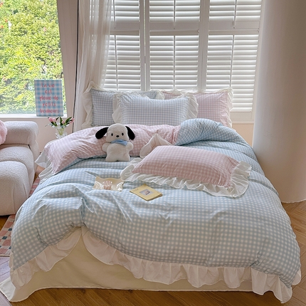 桃心家居 2024新款A类亲肤舒适软糯云柔水洗棉化纤韩版奶油格子撞色水洗棉系列四件套 水洗棉花边-H蓝格粉格