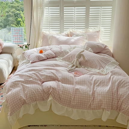 桃心家居 2024新款A类亲肤舒适软糯云柔水洗棉化纤韩版奶油格子撞色水洗棉系列四件套 水洗棉花边-H粉粉格黄