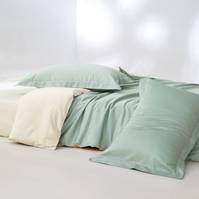 91家纺网 家纺一手货源 找家纺 轩和家居 2024新款A类50S贡缎长绒棉单被套系列 薄荷绿+奶芋黄