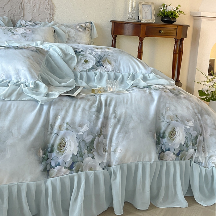 91家纺网 家纺一手货源 找家纺 A类全工艺全棉磨毛四件套纯棉雪纺纱拼接浪漫法式风加厚保暖床单被套秋冬床上用品 星诺蓝