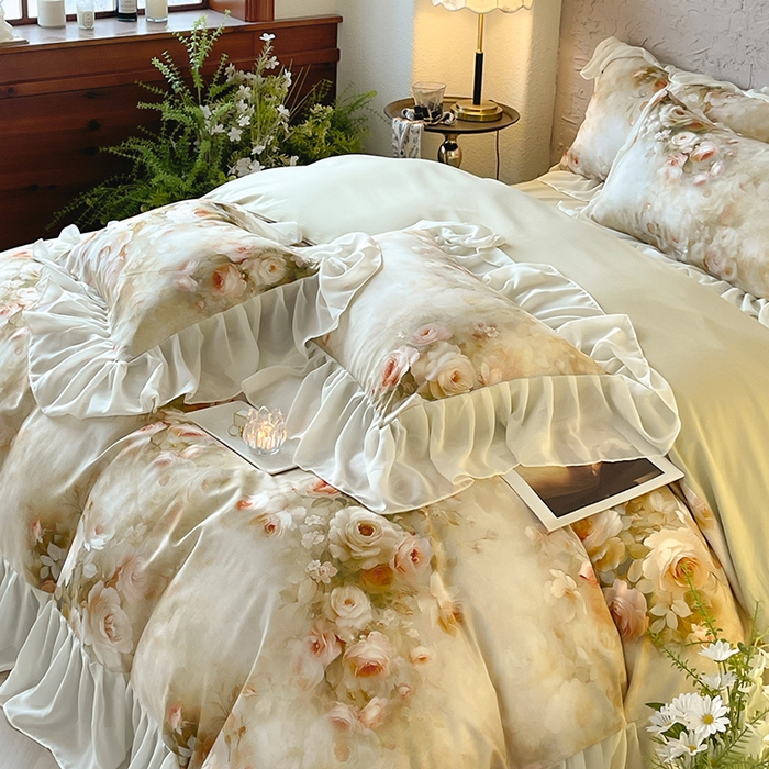 91家纺网 家纺一手货源 找家纺 A类全工艺全棉磨毛四件套纯棉雪纺纱拼接浪漫法式风加厚保暖床单被套秋冬床上用品 竹叶杏