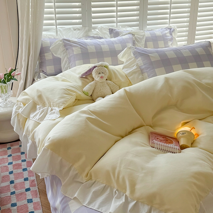 91家纺网 家纺一手货源 找家纺 桃心家居 2024新款A类亲肤舒适软糯云柔水洗棉化纤韩版奶油格子撞色水洗棉系列四件套 水洗棉花边-H黄黄紫格