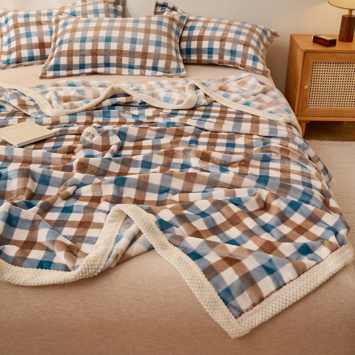 91家纺网 家纺一手货源 找家纺 吾诺家居 2024新款无印风牛奶绒毯多功能毛毯 蓝咖中格