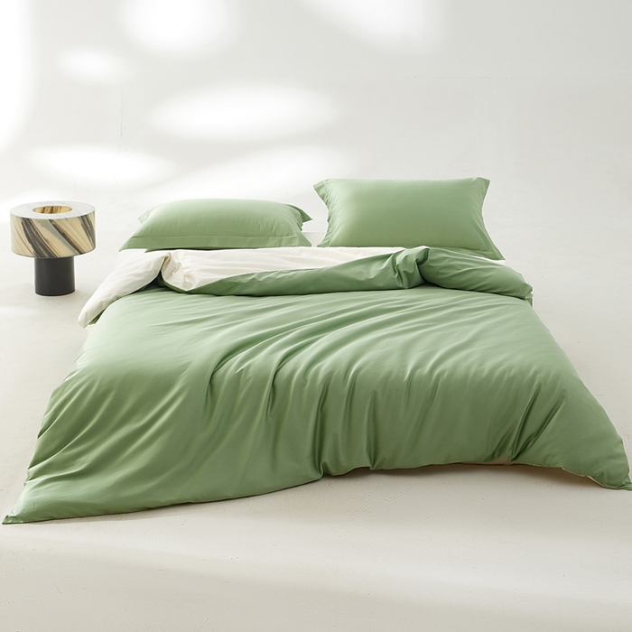 91家纺网 家纺一手货源 找家纺 轩和家居 2024新款A类50S贡缎长绒棉单被套系列 抹茶绿+浅香槟