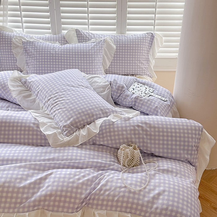 91家纺网 家纺一手货源 找家纺 桃心家居 2024新款A类亲肤舒适软糯云柔水洗棉化纤韩版奶油格子撞色水洗棉系列四件套 水洗棉花边-H紫格奶黄