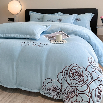 你好美丽 2025新款牛奶绒A类200克四件套刺绣香韵-花之语 香韵蓝