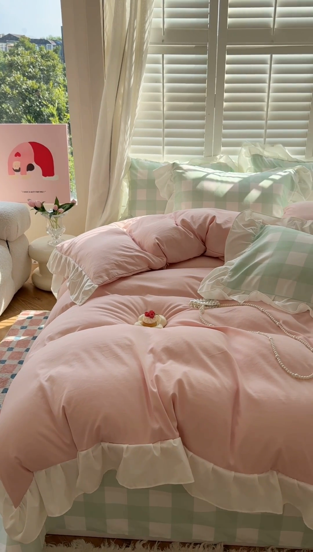 91家纺网 家纺一手货源 找家纺 桃心家居 2024新款A类亲肤舒适软糯云柔水洗棉化纤韩版奶油格子撞色水洗棉系列四件套 水洗棉花边-H粉绿格