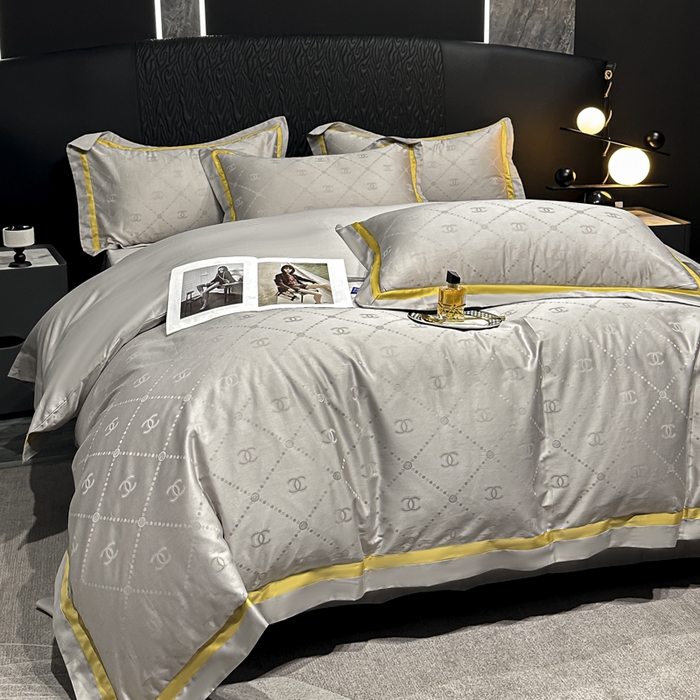 91家纺网 家纺一手货源 找家纺 2024新款轻奢双拼角全棉提花四件套 大牌恋曲-高级灰