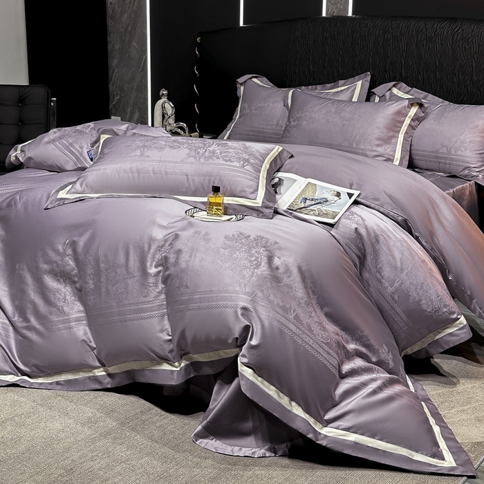 91家纺网 家纺一手货源 找家纺 2024新款轻奢双拼角全棉提花四件套 卡格洛-紫色