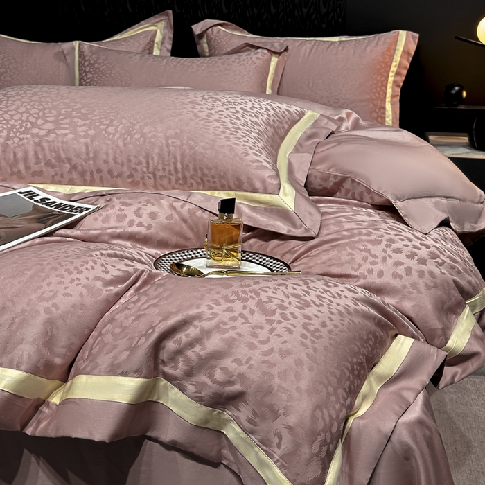 91家纺网 家纺一手货源 找家纺 2024新款轻奢双拼角全棉提花四件套 豹纹-樱花粉