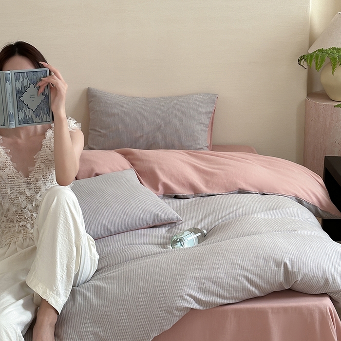 91家纺网 家纺一手货源 找家纺 2024新款全棉水洗提花工艺四件套-时光巴黎 时光蓝条