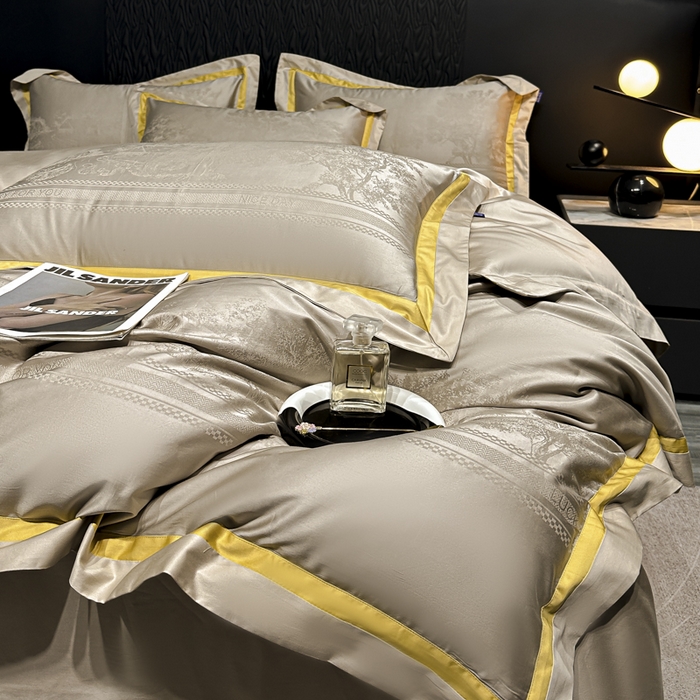 91家纺网 家纺一手货源 找家纺 2024新款轻奢双拼角全棉提花四件套 卡格洛-卡其