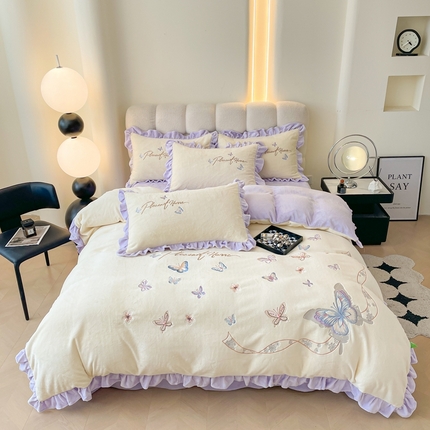 金窝窝家纺 2024新款牛奶绒刺绣四件套-蝴蝶纷飞 蝴蝶纷飞-AB版紫
