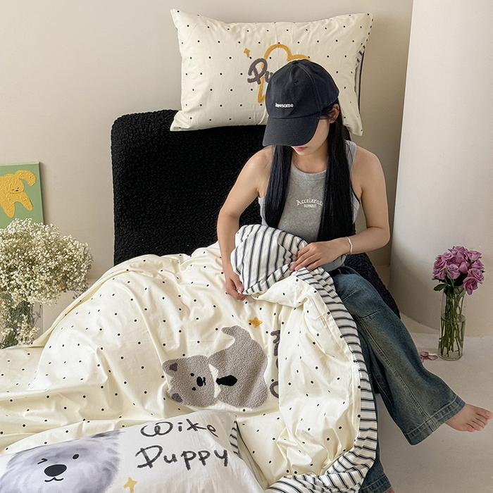 91家纺网 家纺一手货源 找家纺 2024新款全棉数码毛巾绣ins系列四件套 狗狗先生