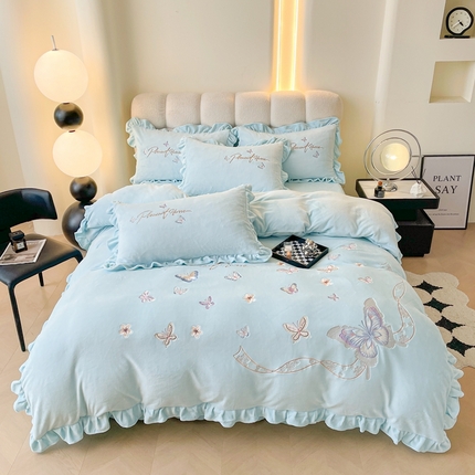 金窝窝家纺 2024新款牛奶绒刺绣四件套-蝴蝶纷飞 蝶舞纷飞-蓝