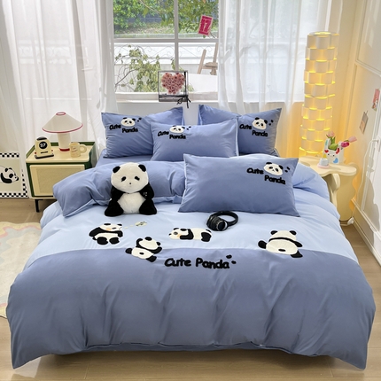 一左一右 2024新款亲肤磨毛水洗棉拼接立体毛巾绣花卡通四件套儿童学生三件套床笠（提供买家秀） 熊猫派对-蓝色