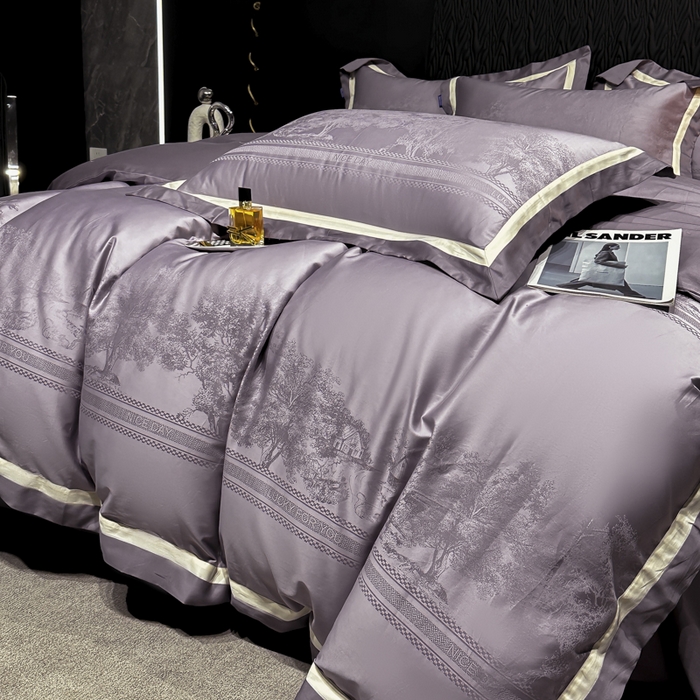 91家纺网 家纺一手货源 找家纺 2024新款轻奢双拼角全棉提花四件套 卡格洛-紫色