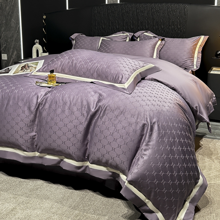 91家纺网 家纺一手货源 找家纺 2024新款轻奢双拼角全棉提花四件套 梵雅-葡萄紫